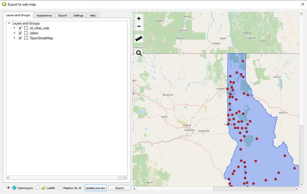 qgis2web export window